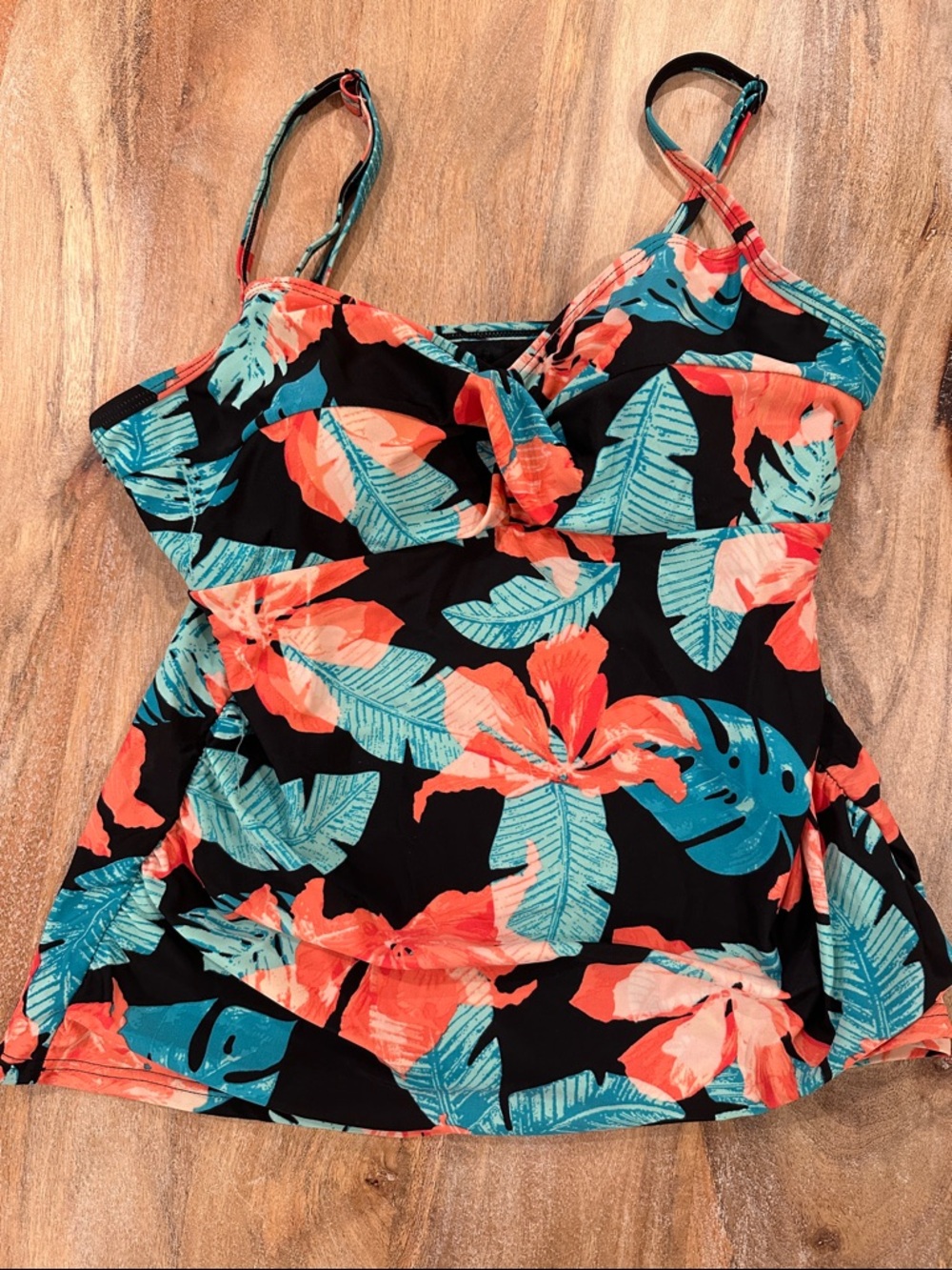 croft & barrow Black Floral Twist-Front Swim Top w/ Coral & Teal Leaves size 12